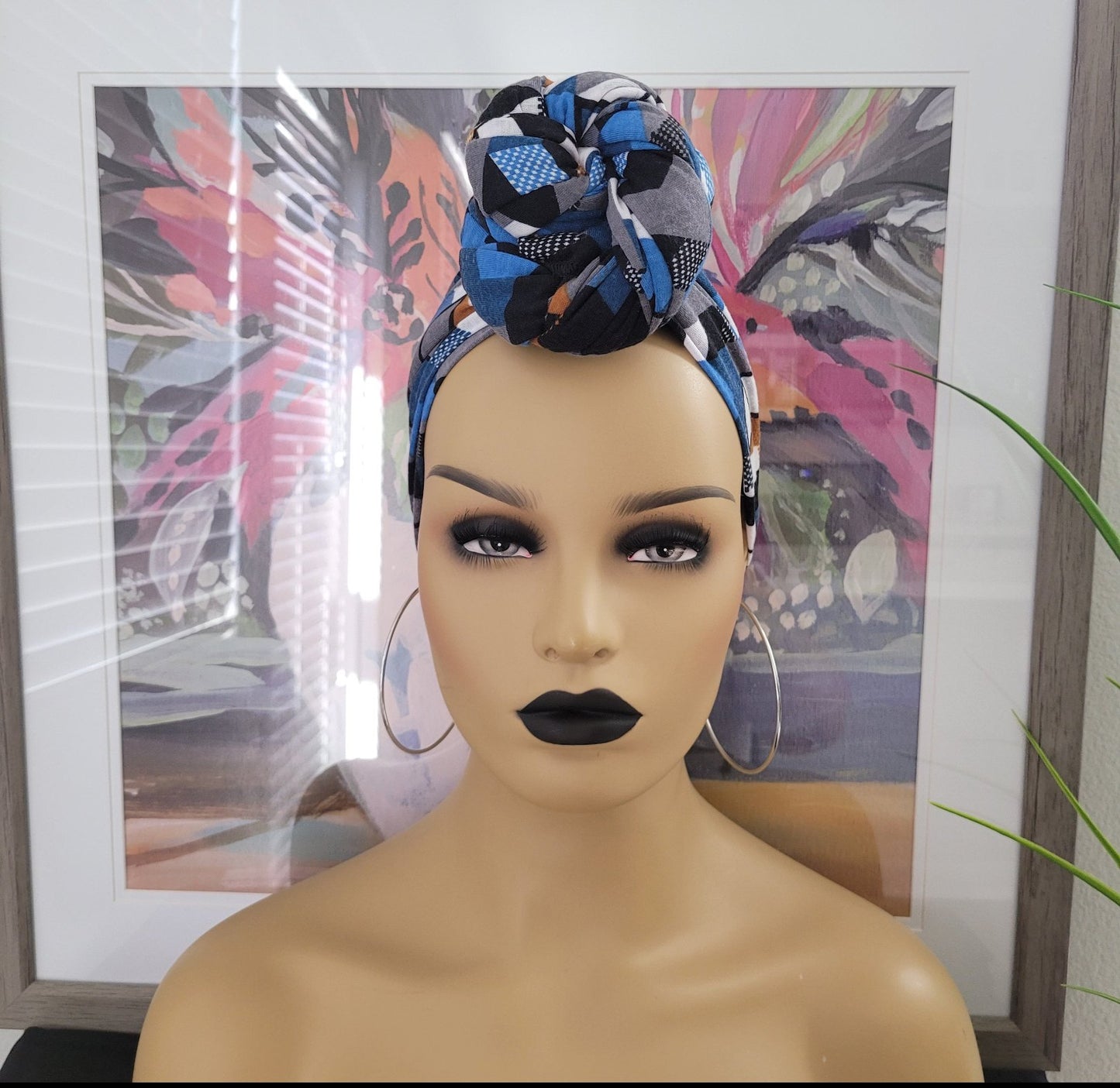 Blue MultiColored Jersey Knit Head Wrap, Stretchy Scarf, Turban, African Head Wrap, Not Pre-Tied, Head Wrap