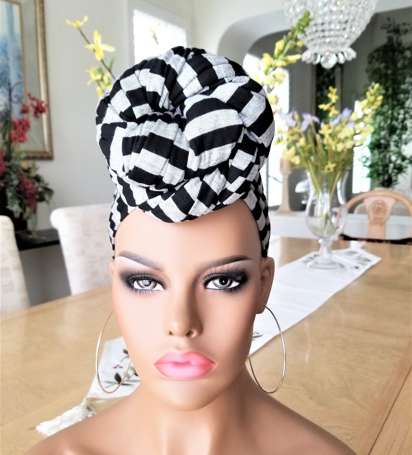 Gray and Black Striped Jersey Knit Head Wrap, Stretchy Scarf, Turban, African Head Wrap, Not Pre-Tied, Head Wrap