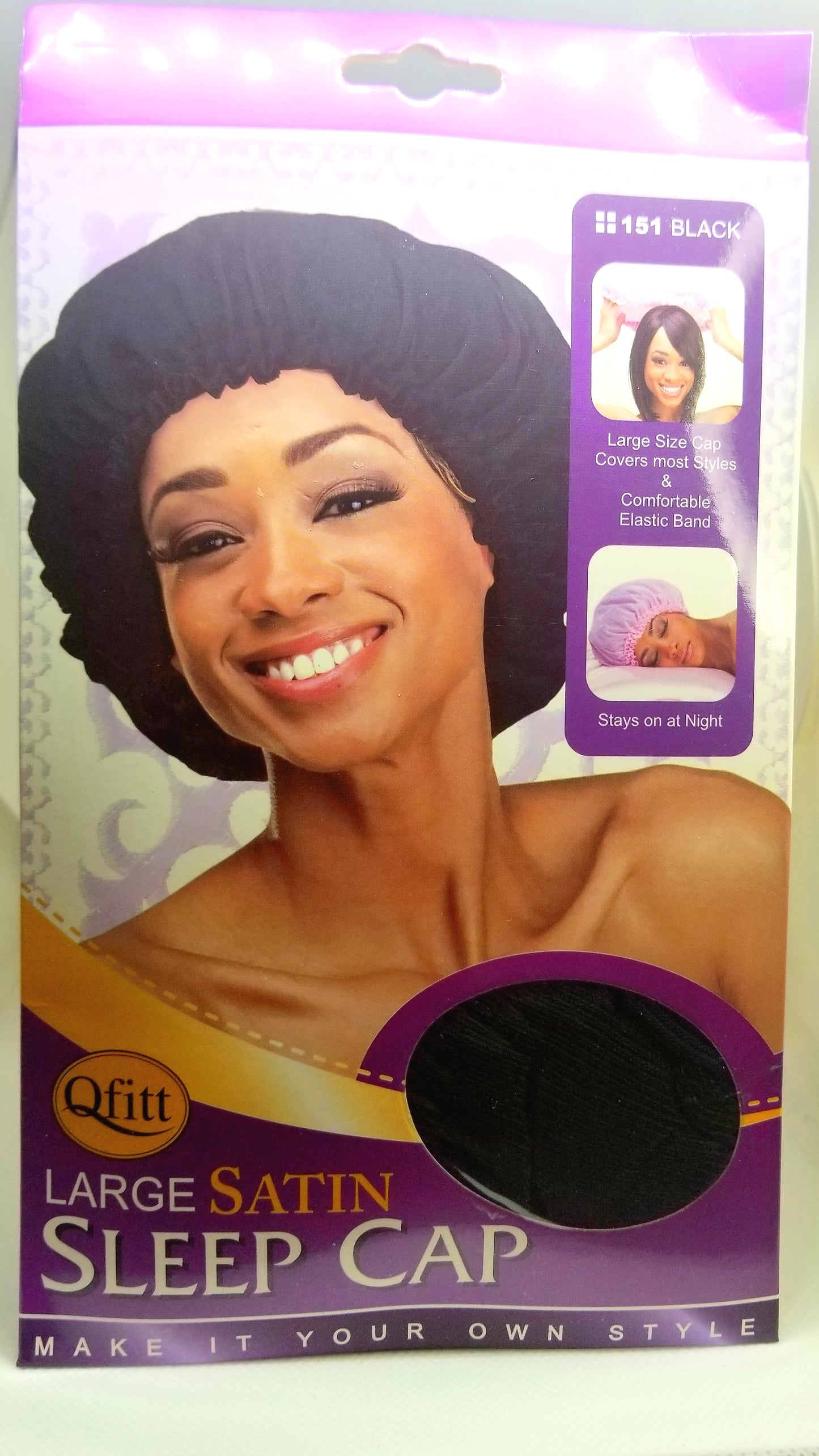 Large Satin Sleep Cap Black - T&K's Beauty Supply Store