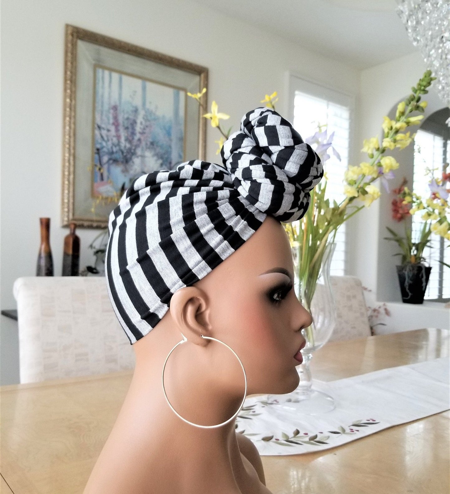 Gray and Black Striped Jersey Knit Head Wrap, Stretchy Scarf, Turban, African Head Wrap, Not Pre-Tied, Head Wrap
