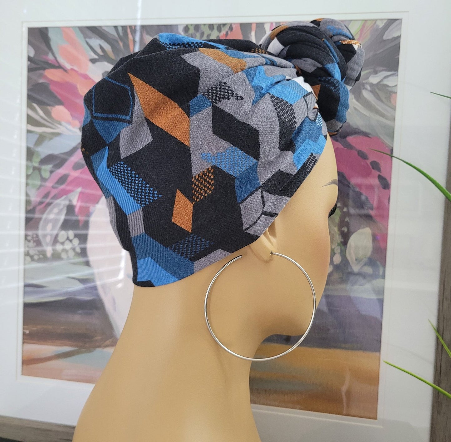 Blue MultiColored Jersey Knit Head Wrap, Stretchy Scarf, Turban, African Head Wrap, Not Pre-Tied, Head Wrap
