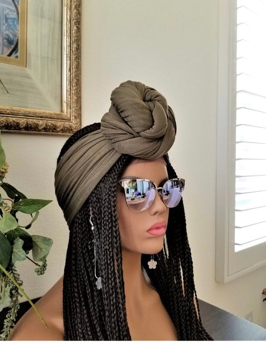 Olive Green Jersey Knit Head Wrap, Stretchy Scarf, Turban, African Head Wrap, Not Pre-Tied, Head Wrap
